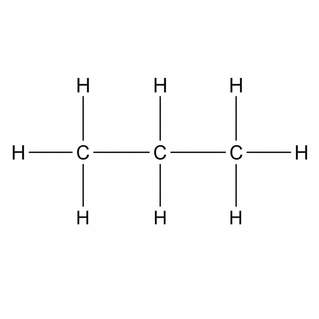 Displayed chemical structure of propane, consisting of a horizontal chain of three carbon atoms connected by single covalent bonds. The central carbon is bonded to one hydrogen above and one below. The two outer carbons are each bonded to one hydrogen above, one below, and one on the outer side (far-left and far-right). All eight C-H bonds are single covalent bonds shown as lines.