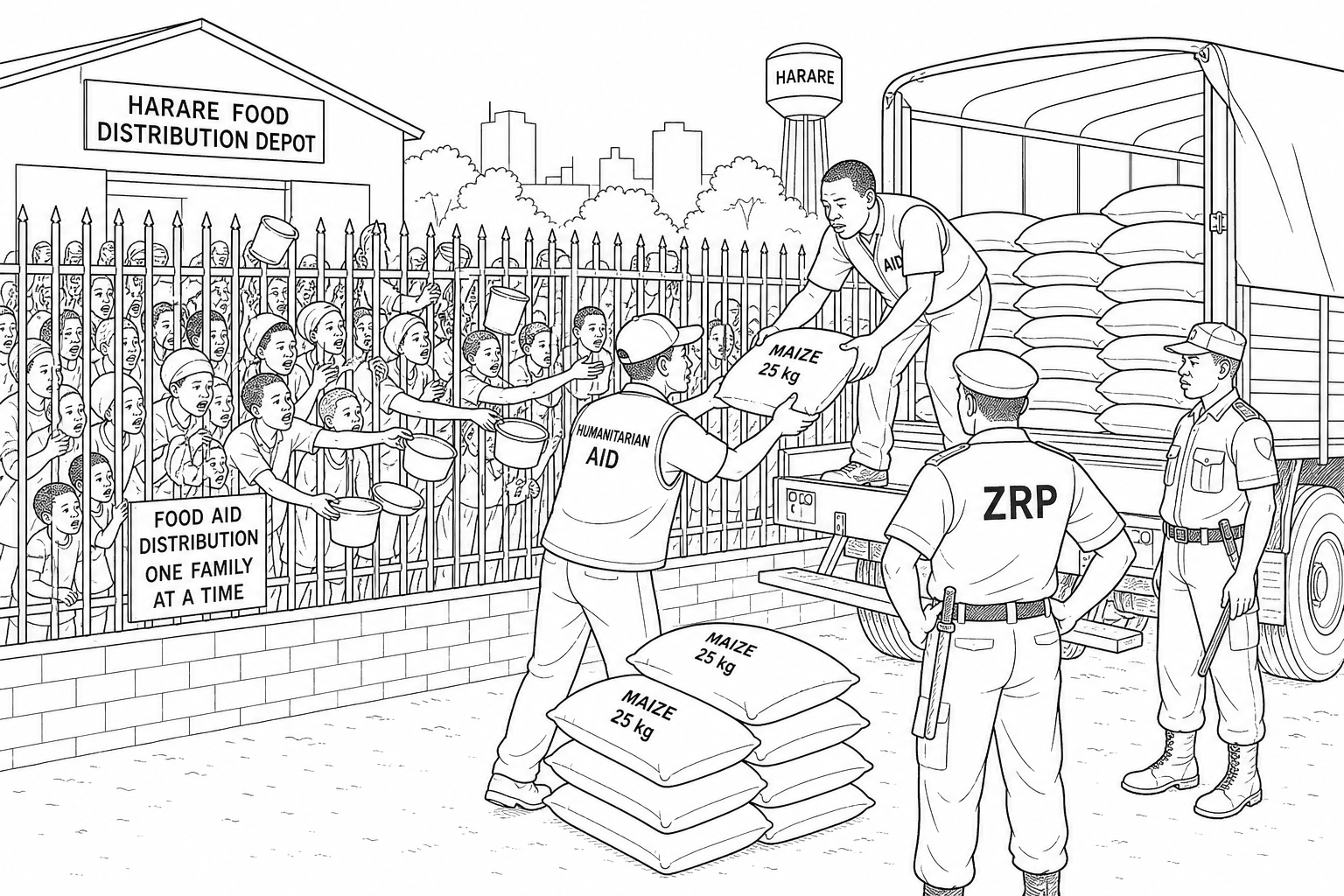 Figure 1b: Crowded food aid distribution queue at a depot in Harare, Zimbabwe, showing security personnel supervising tense crowds.