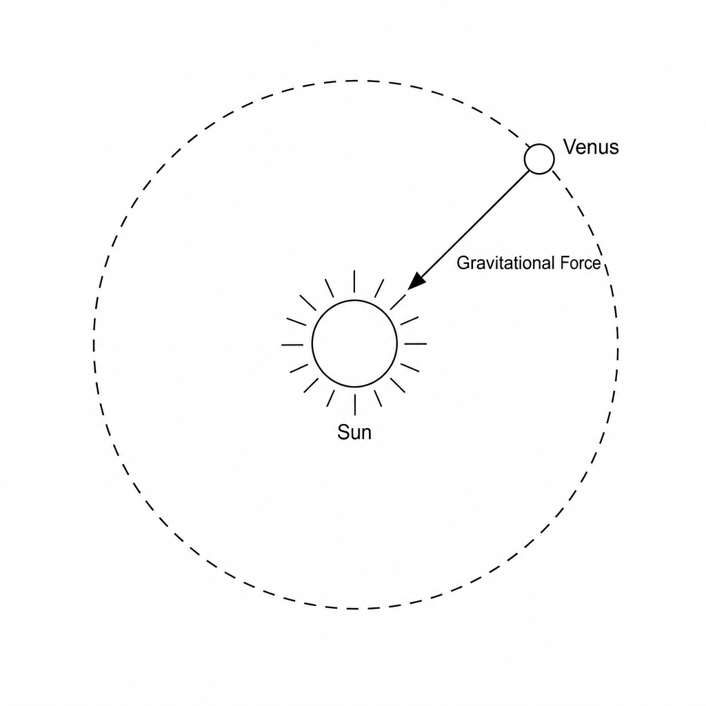 A diagram showing the Sun at the centre with the planet Venus in a circular orbit around it. An arrow points from Venus directly towards the Sun, representing the force path. 