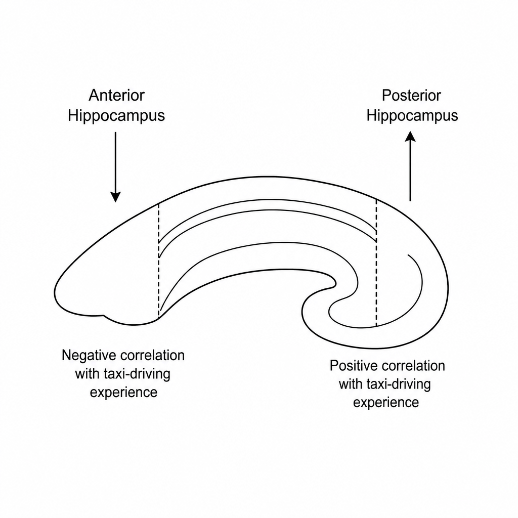 Anatomical diagram of the hippocampus showing the anterior and posterior regions and their correlation with taxi-driving experience