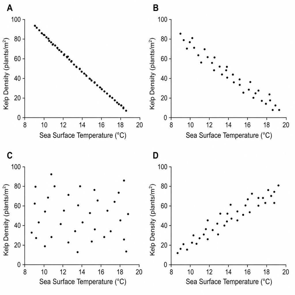 Scatter plots A, B, C, and D