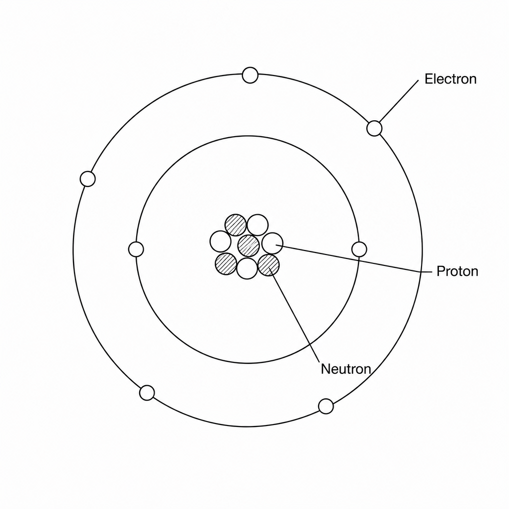 An atom model with 2 electrons on the inner shell and 5 electrons on the outer shell.