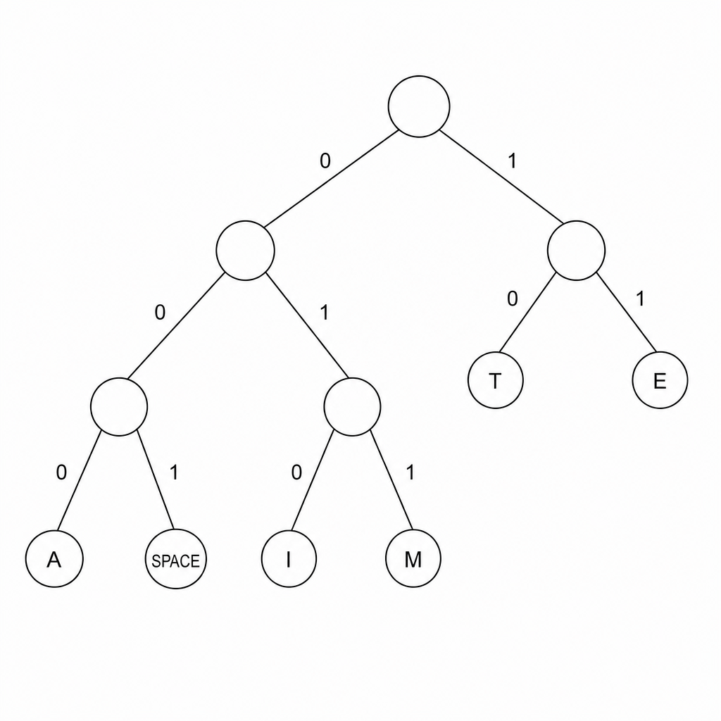 A Huffman tree diagram for the text 'TEA TIME'