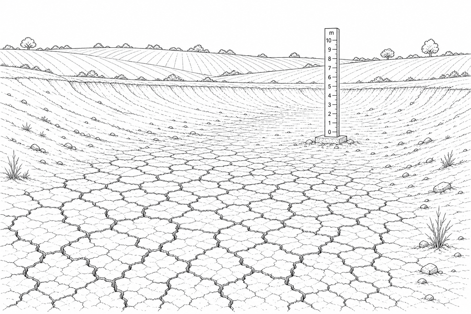 Figure 4a: A photograph of a severely depleted reservoir in an agricultural area. The foreground shows deeply cracked, dry clay earth where water once flowed. In the background, a water-level measurement post stands completely dry, and nearby farming fields appear parched and yellow.