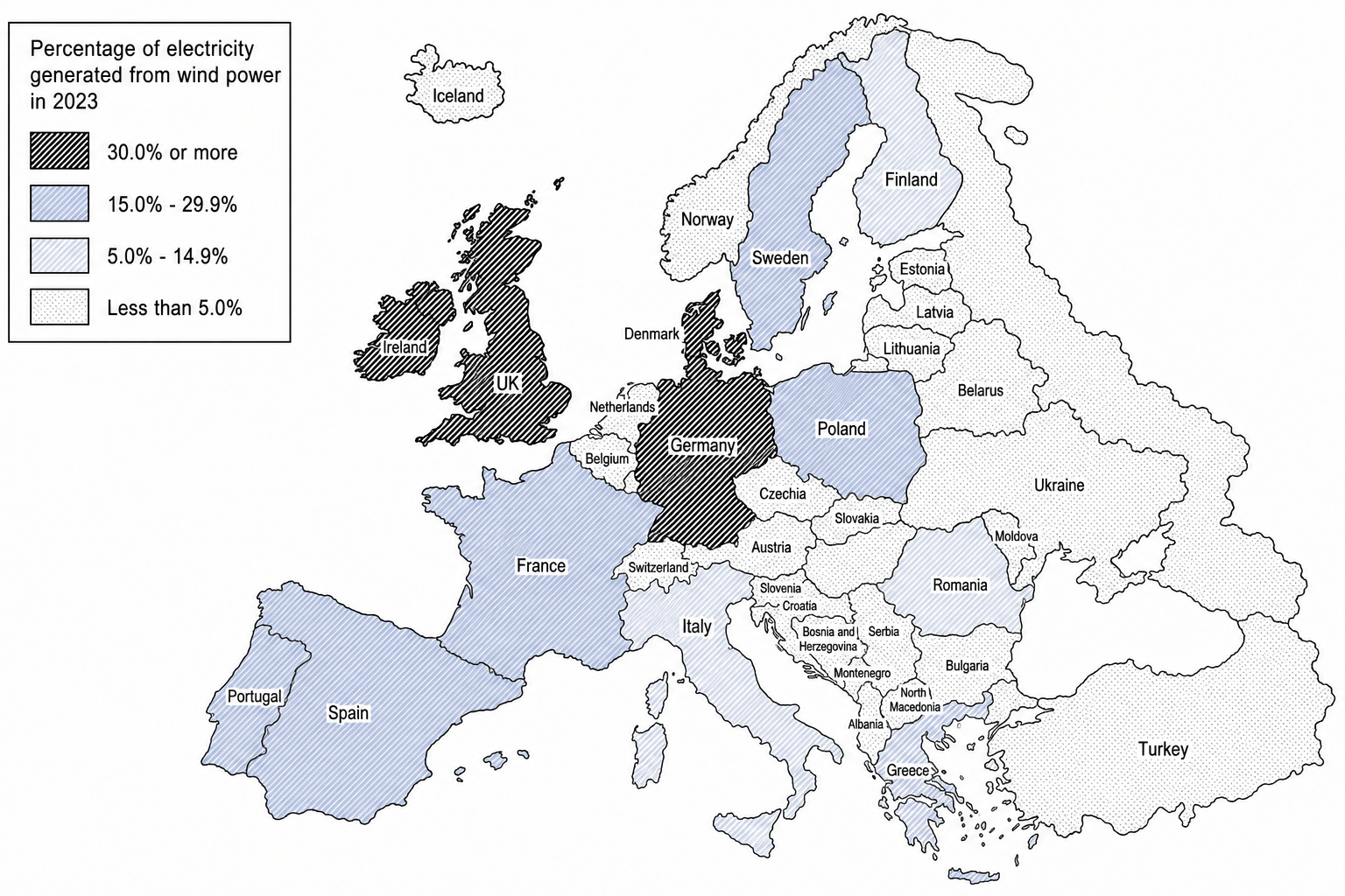 Figure 1: Choropleth map of Europe showing percentage of electricity generated from wind power in 2023
