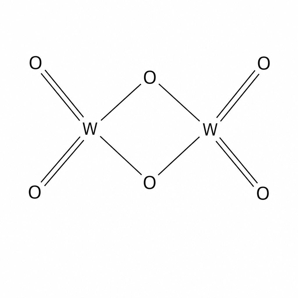 A molecular structure diagram representing a tungsten oxide dimer. It consists of two tungsten atoms, each labeled 'W', and six oxygen atoms, each labeled 'O'. The two W atoms are bridged together by two single-bonded O atoms, forming a central W-O-W-O four-membered ring. In addition, each W atom is double-bonded to two terminal O atoms, pointing outwards.
