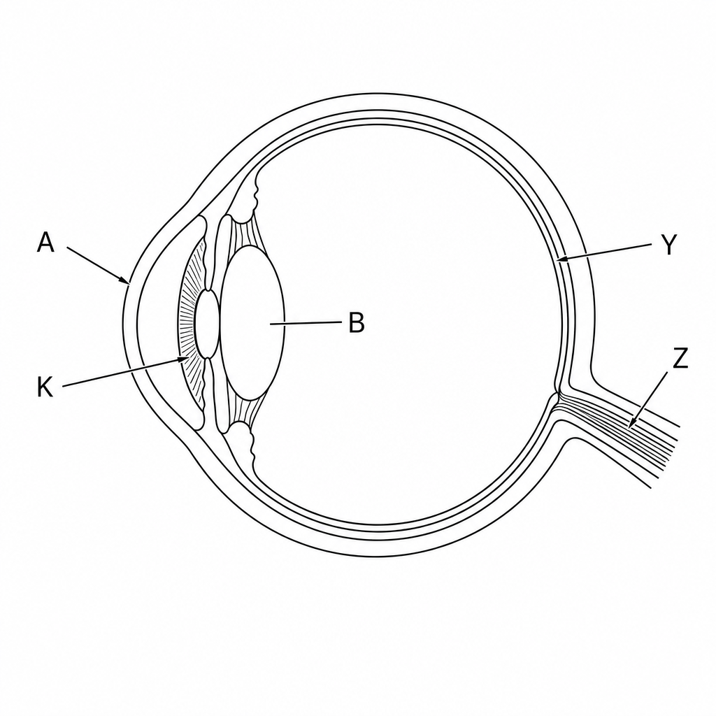 A simplified cross-sectional diagram of the human eye. Label A points to the outer transparent layer at the front of the eye (cornea). Label B points to the lens suspended behind the pupil. Label K points to the colored muscular ring (iris). Label Y points to the tissue layer lining the back of the eye (retina). Label Z points to the nerve at the back of the eye (optic nerve).
