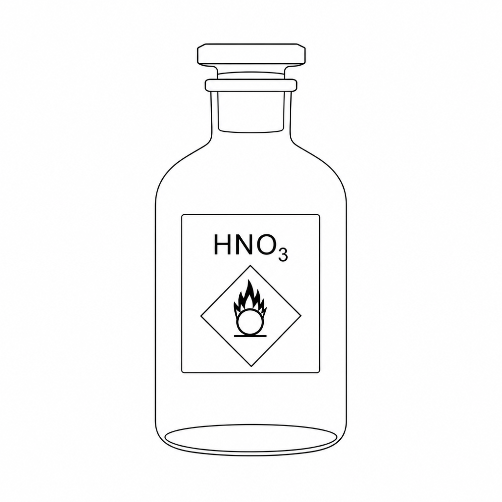 Figure 1: A glass reagent bottle with a label showing a chemical formula and a hazard symbol.