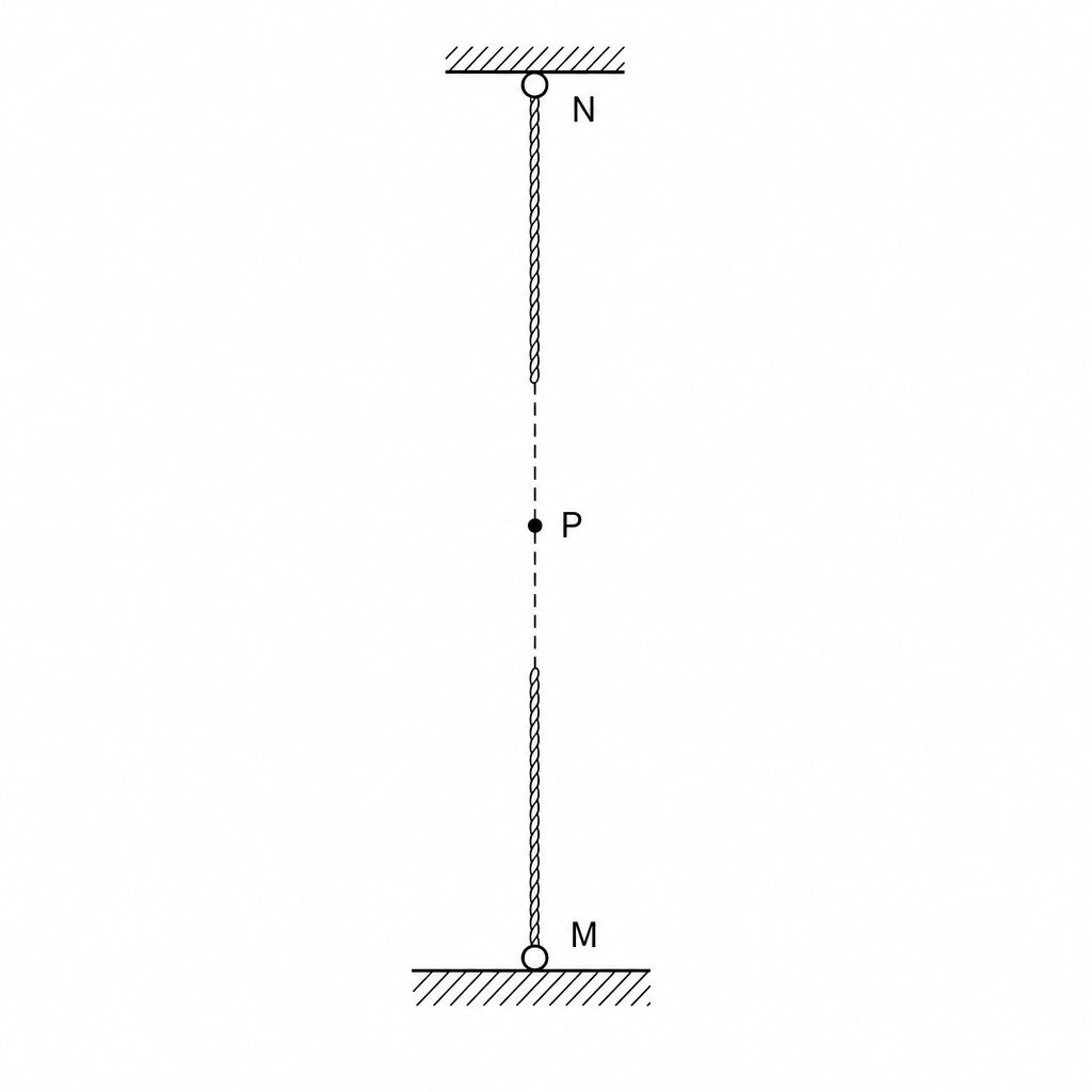 Vertical steel stay cable under tension, with anchor points M and N and a middle point P.