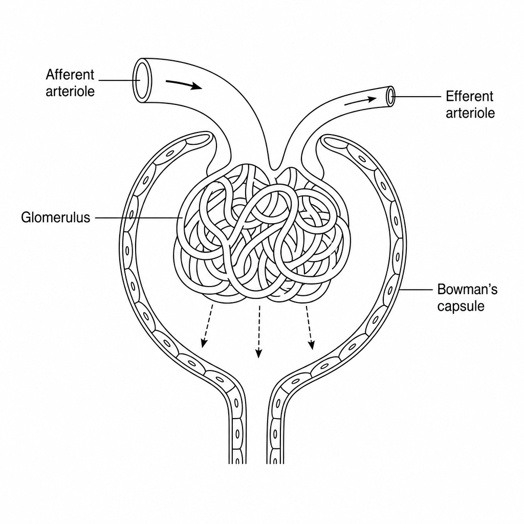 Diagram of a kidney tubule (nephron) showing the high-pressure capillary network of the glomerulus nestled inside the cup-shaped Bowman's capsule.
