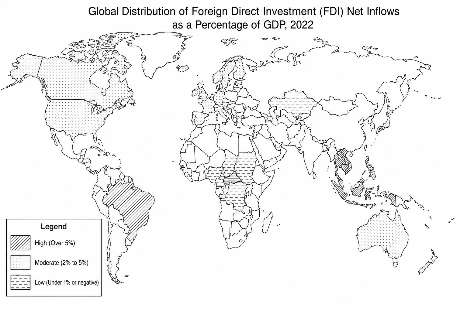 A choropleth world map showing Foreign Direct Investment (FDI) net inflows as a percentage of GDP in 2022. High FDI net inflows (over 5% of GDP) are concentrated in emerging economies in Southeast Asia (e.g., Vietnam) and parts of Latin America (e.g., Brazil). Moderate FDI (2% to 5%) is observed in North America and Western Europe. Low FDI (under 1% or negative) is widespread across landlocked countries in Sub-Saharan Africa (such as Chad and the Central African Republic) and parts of Central Asia.