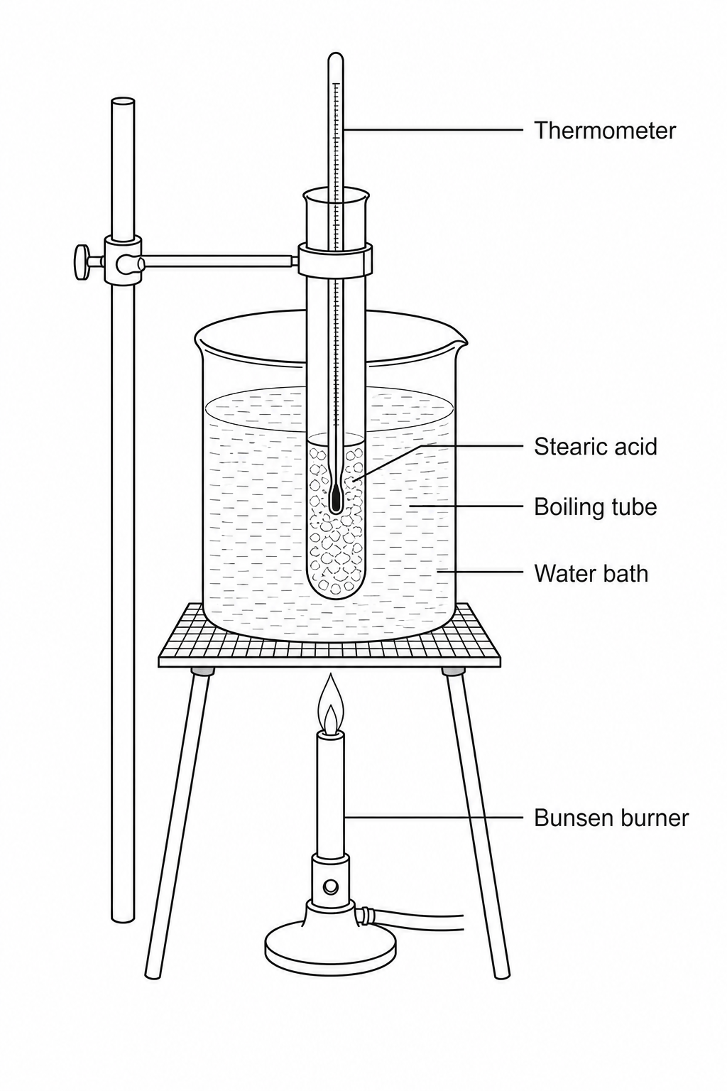 Experimental setup showing a boiling tube of stearic acid heated in a water bath with a Bunsen burner