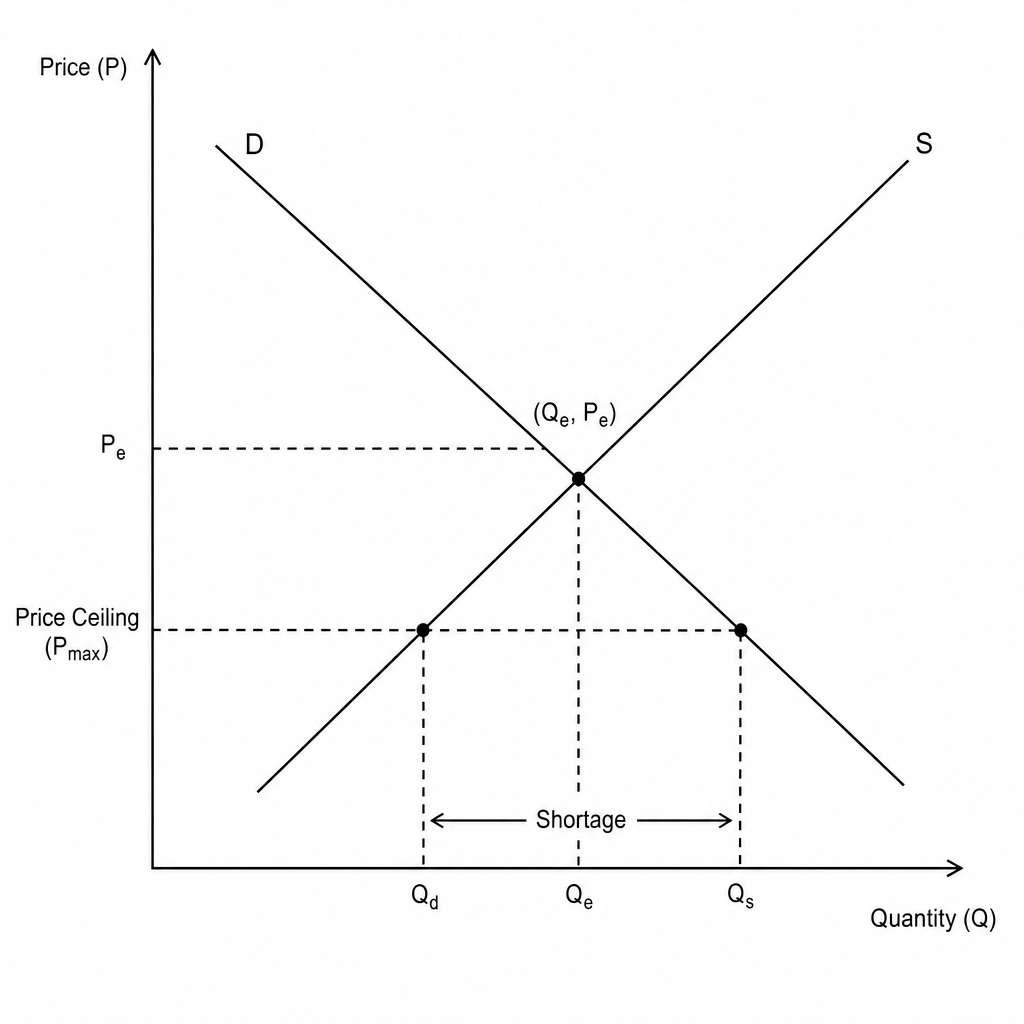 A microeconomics market diagram showing a price ceiling (maximum price) set below the equilibrium price.