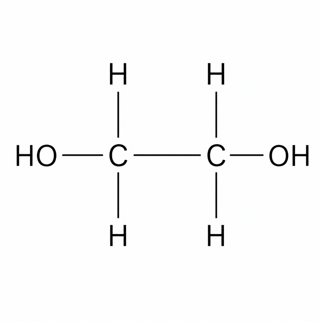 Ethane-1,2-diol structure: Two carbon atoms single-bonded to each other. Each carbon atom is bonded to two hydrogen atoms and one hydroxyl (OH) group, forming HO-CH2-CH2-OH.