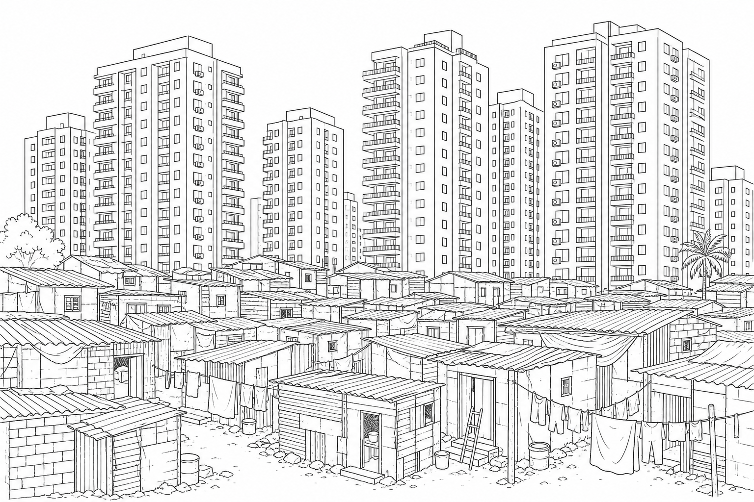 Figure 7: An informal slum settlement in the foreground with modern high-rise apartment towers rising in the background in Mumbai, India. The modern high-rise developments are multi-storey buildings constructed of concrete and glass, featuring private balconies, uniform window layouts, and exterior-mounted air conditioning units.