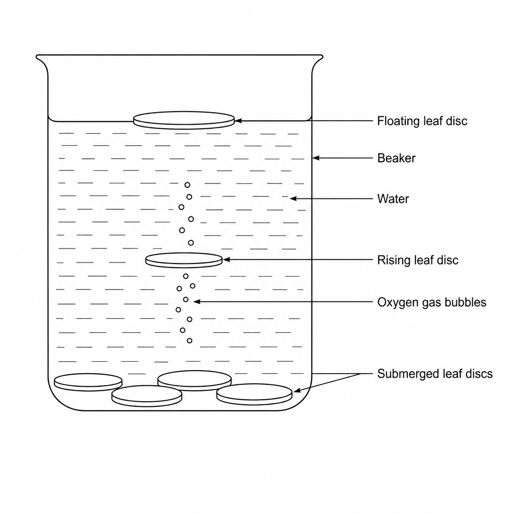 A diagram showing a beaker of water. Several circular leaf discs are placed in the beaker. Some leaf discs are at the bottom of the beaker. One leaf disc is shown rising through the water with small bubbles of oxygen gas labeled on its side. Another leaf disc is shown floating flat at the surface of the water.