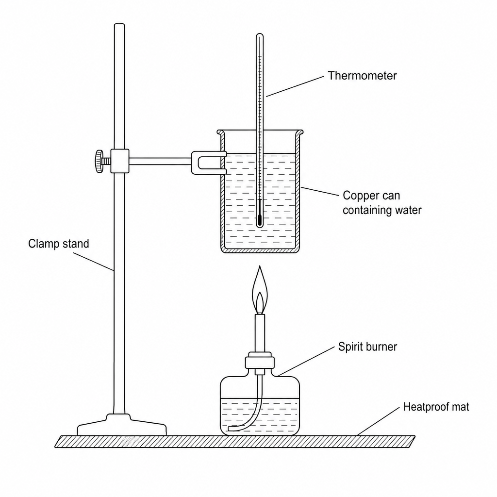 A laboratory setup for calorimetry. A spirit burner containing ethanol sits on a heatproof mat. Above the burner, a copper can containing 100 cm<sup>3</sup> of water is held by a clamp and stand. A thermometer is placed inside the water. The setup has no shielding around the burner, and there is a significant air gap between the flame and the bottom of the copper can.