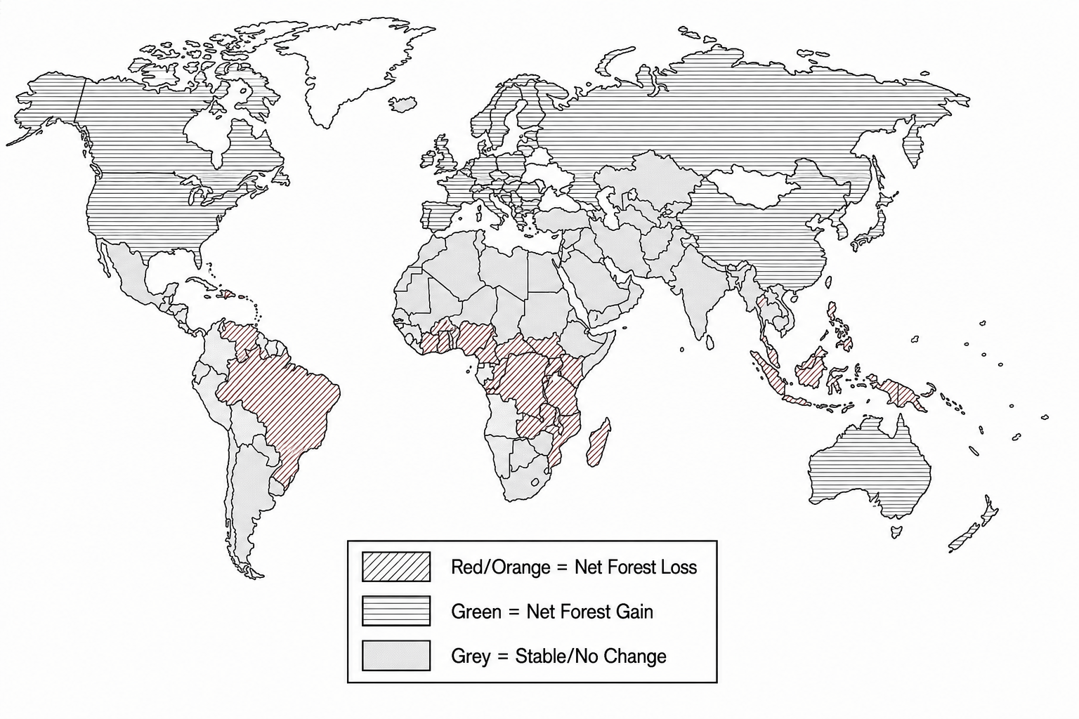 Figure 4a: A world map showing estimated annual net change in forest area by country.