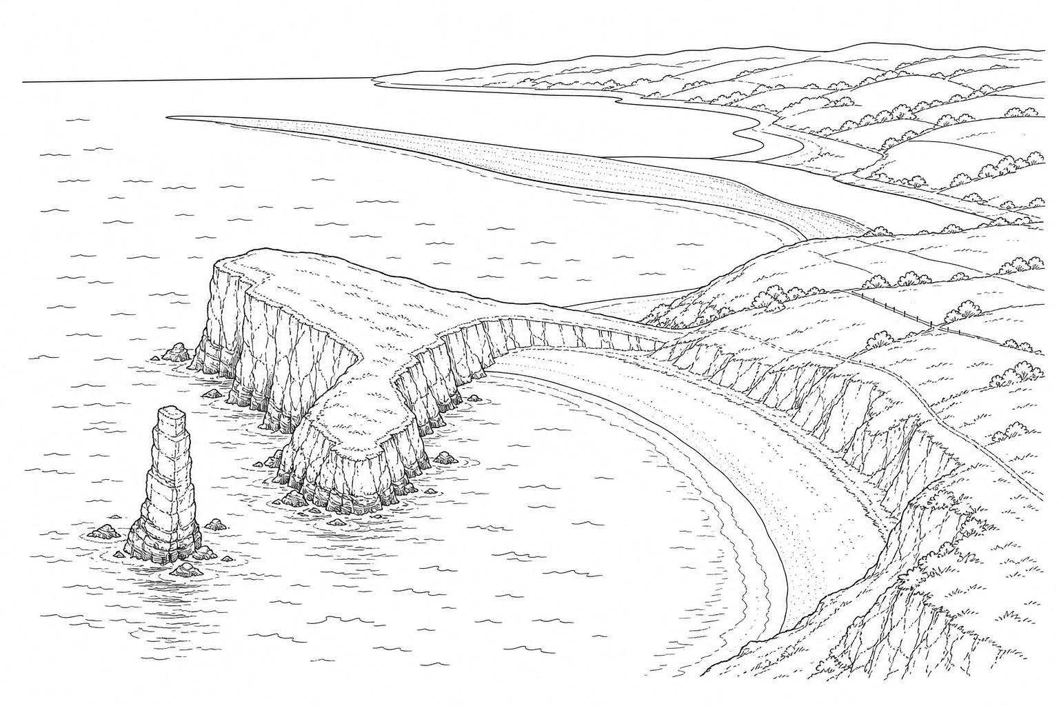Figure 3: An aerial photograph showing a rugged coastline. On the left, a prominent rocky headland juts out into the sea, with a tall, isolated stone pillar (stack) standing in the water nearby. Behind the headland is a curved, sandy beach in a sheltered bay. In the distance, a long, narrow finger of sand and shingle (spit) stretches across a river estuary.