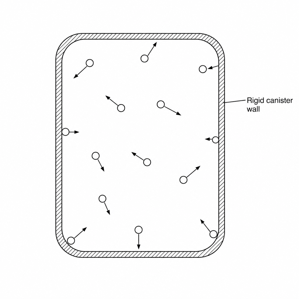 A diagram showing a cross-section of a sealed rigid metal canister. Inside the canister, there are several small circles representing gas particles, with short arrows pointing in random directions to indicate rapid, random motion. The container walls are labeled.