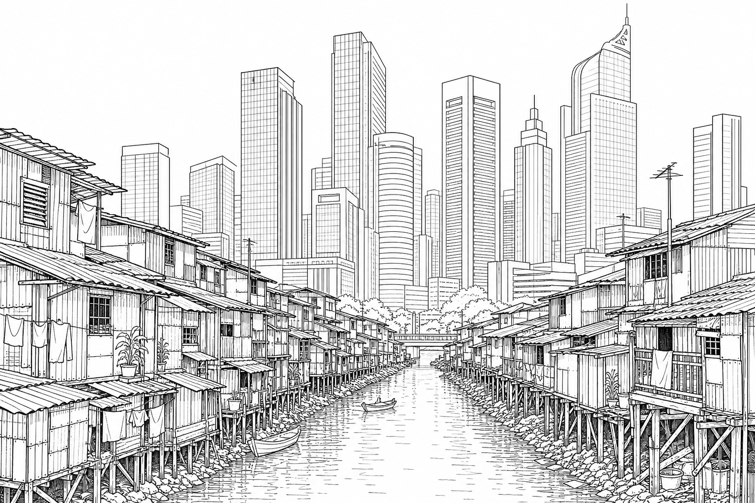 Fig. 7a: A photograph showing a canal in Jakarta, Indonesia. In the foreground, there are densely packed, improvised low-rise homes constructed from timber and corrugated iron plates along the water's edge. In the background, towering, modern glass-and-steel skyscrapers and high-rise office buildings rise sharply behind the informal settlement.