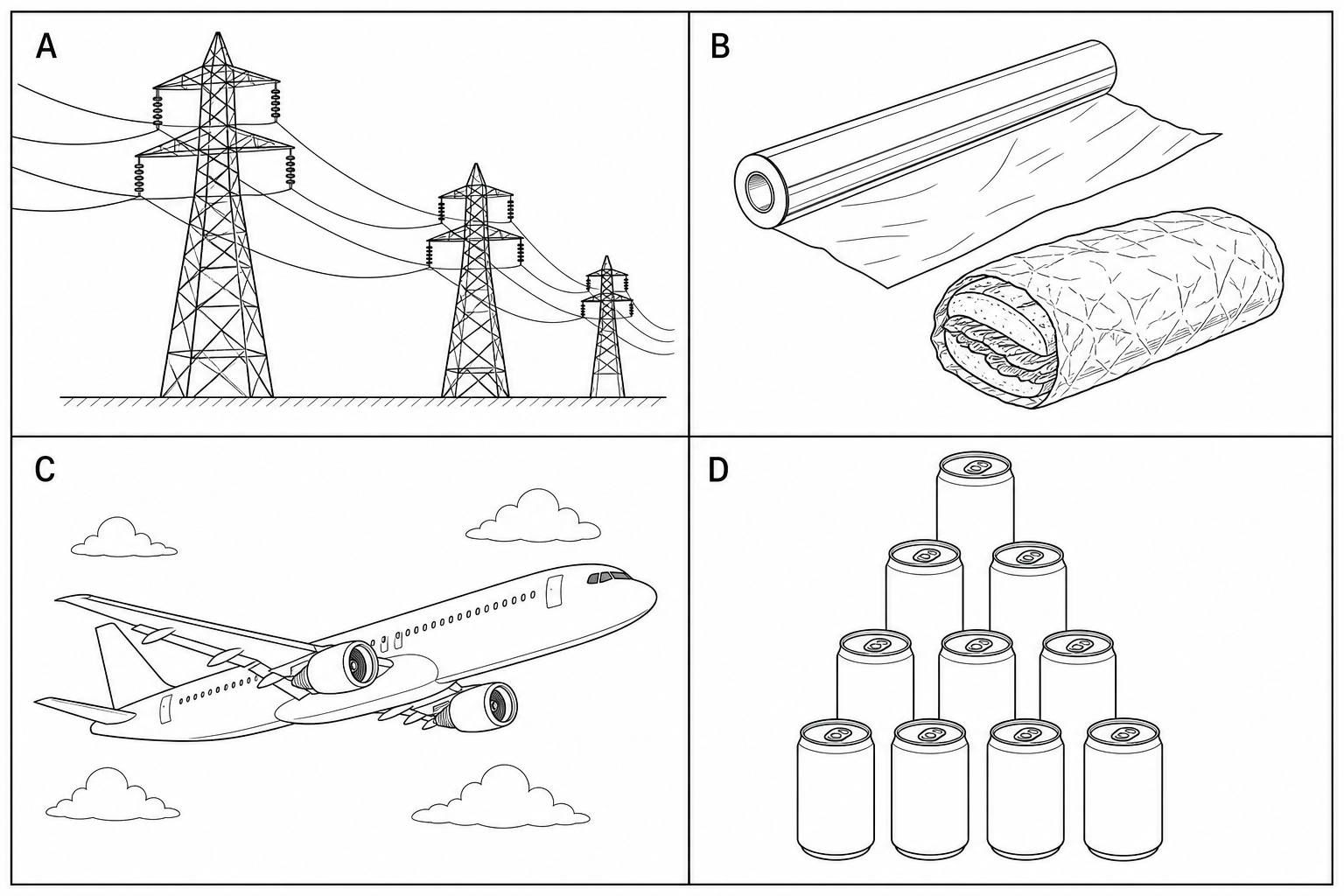 Four panels showing uses of aluminium metal: Panel A shows high-voltage overhead power lines suspended from steel pylons; Panel B shows rolls of thin kitchen aluminium foil used to wrap food; Panel C shows a commercial passenger aircraft flying; Panel D shows a stack of aluminium beverage cans.