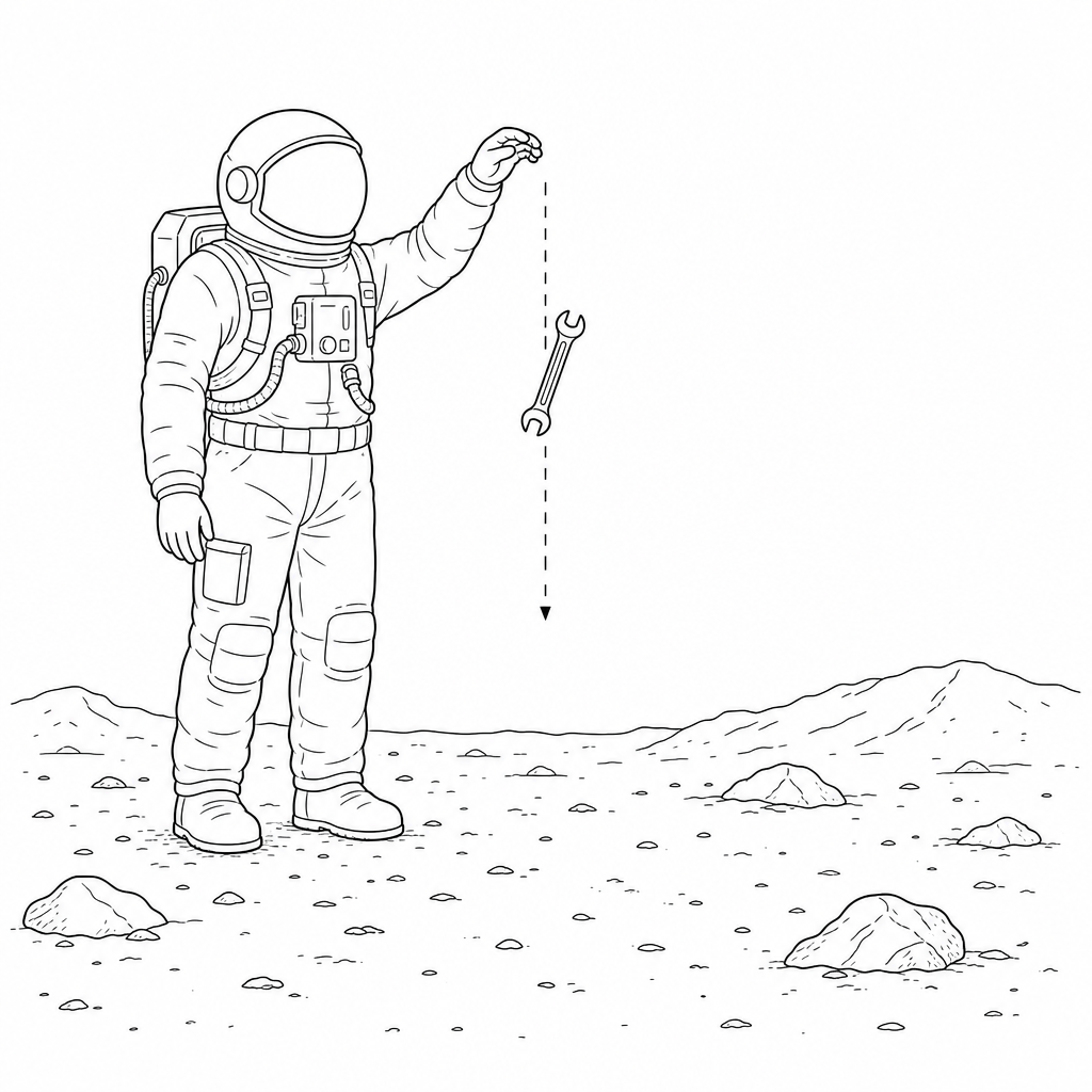 An astronaut standing on the surface of Mars, holding a mechanical tool at shoulder height before dropping it.