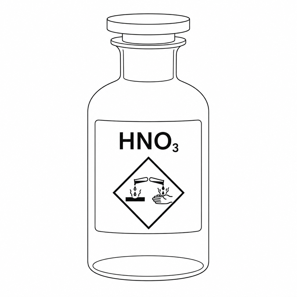 A glass reagent bottle with a label showing 'HNO3' and a corrosive hazard symbol.