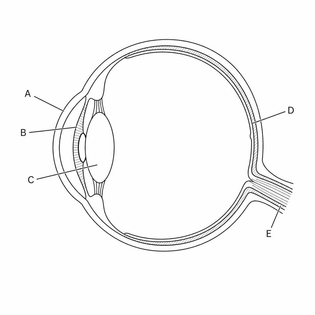 A simplified schematic diagram of a human eye in cross-section. Five labels point to different structures: Label A points to the transparent front part of the eye (cornea); Label B points to the muscular ring (iris); Label C points to the structure behind the pupil that focuses light (lens); Label D points to the light-sensitive layer situated at the back of the eye (retina); Label E points to the bundle of nerve fibers leaving the back of the eye (optic nerve).