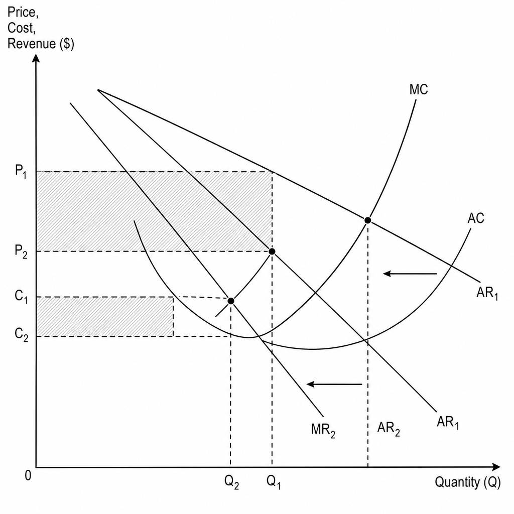 A cost and revenue diagram representing the impact of falling demand on VeloLux.