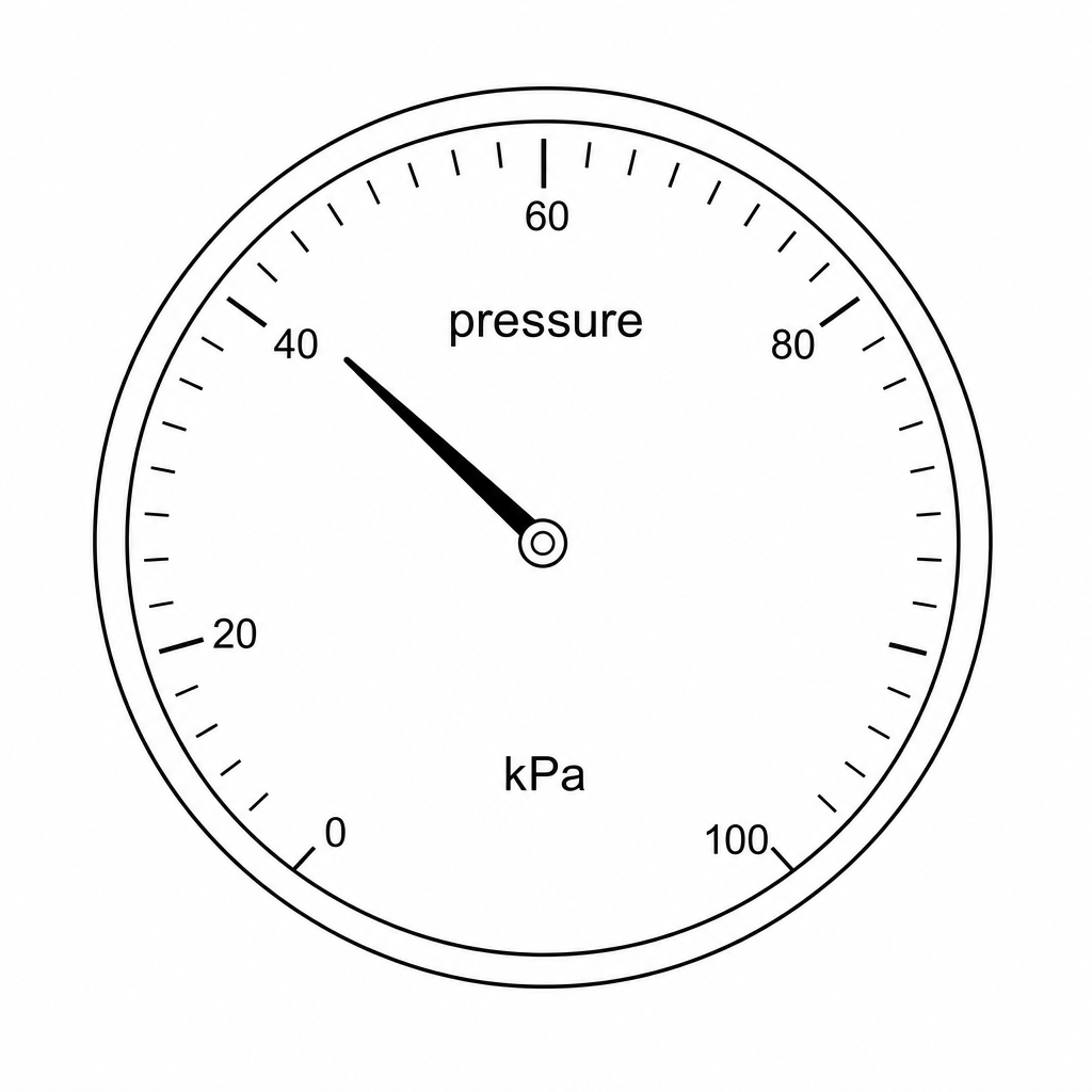 A circular pressure gauge dial. The circular scale goes from 0 to 100. There are major numbered markings at 0, 20, 40, 60, 80, and 100. Between 40 and 60, there are 10 small subdivisions, meaning each minor tick represents 2 units. The needle points exactly to the fourth minor mark after 40. The label 'pressure' is printed in the upper half of the dial, and the unit 'kPa' is printed in the lower half of the dial.