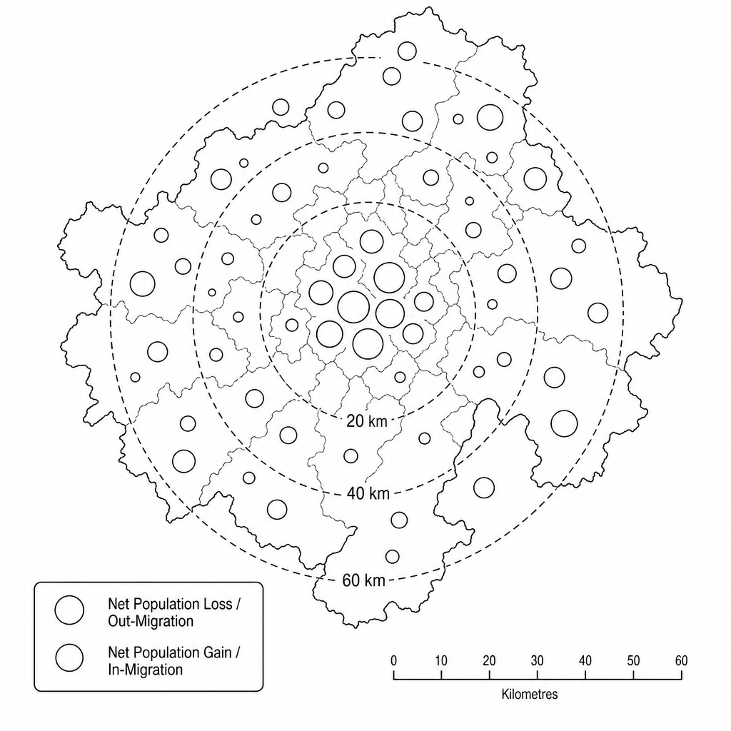 Map of the Madrid metropolitan region showing population movement between 2012 and 2022. Large orange circles centered on the high-density urban core of Madrid indicate significant net population loss (out-migration). Surrounding rural and semi-rural municipalities, located 20km to 60km away, are covered with green circles of varying sizes, representing net population gain (in-migration).