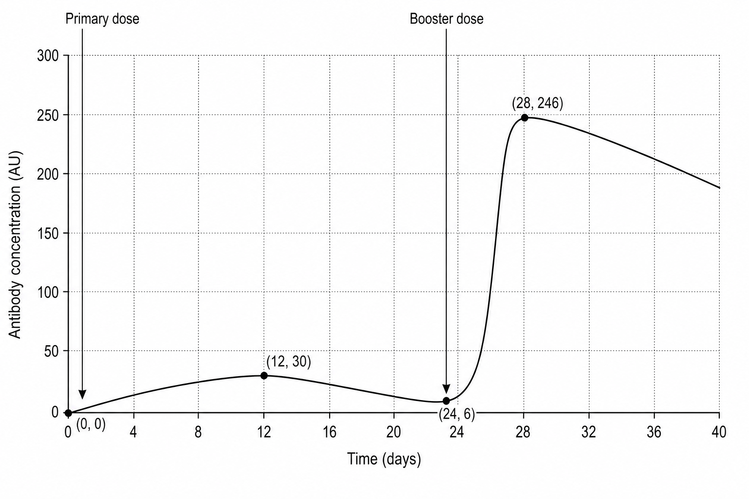 Antibody concentration over a 40-day period following primary and booster vaccination doses