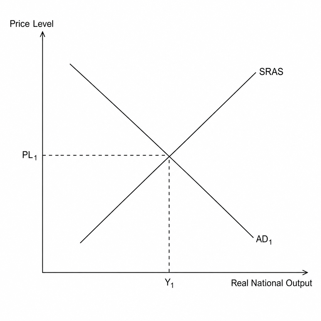 An Aggregate Demand (AD) and Short-Run Aggregate Supply (SRAS) diagram.