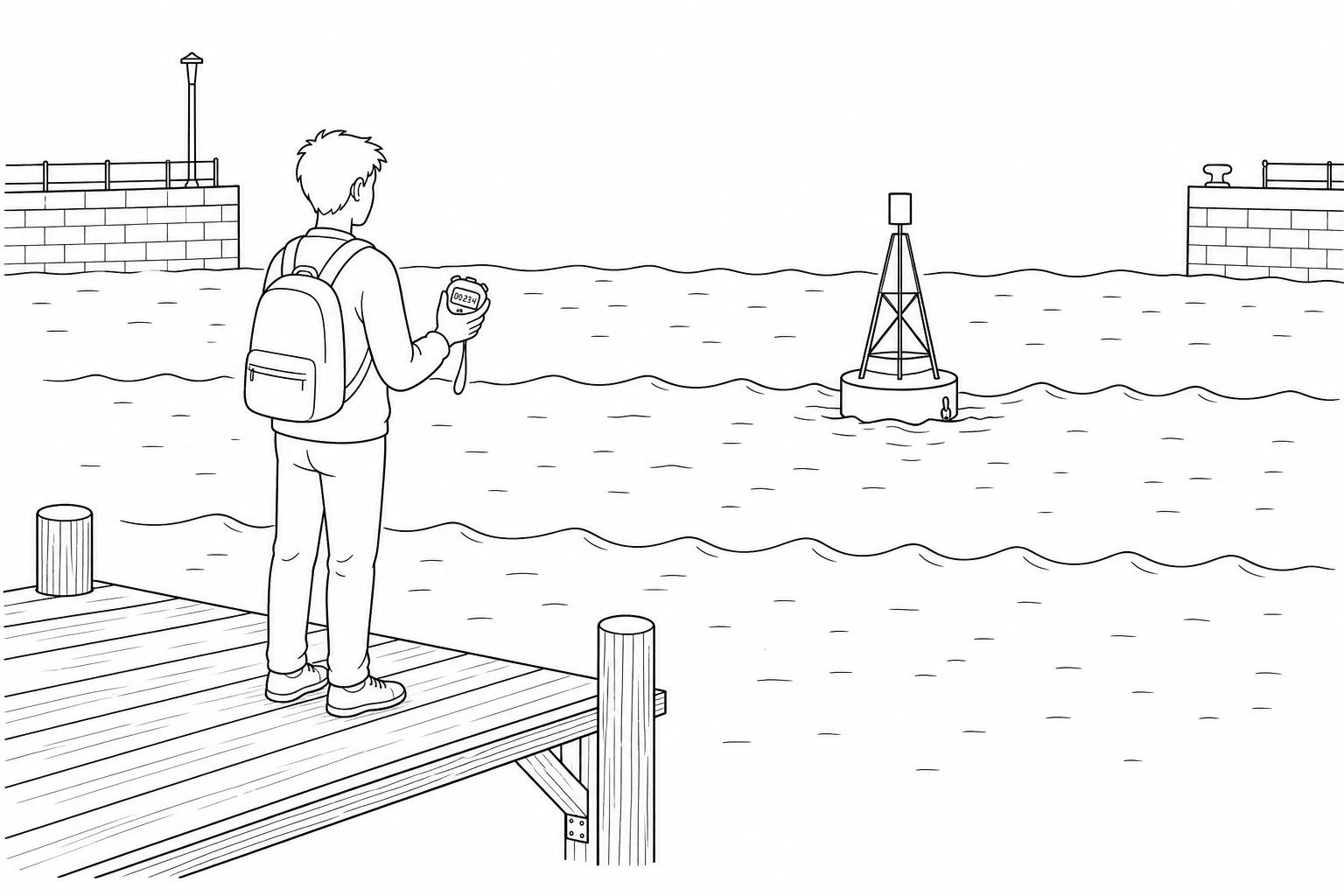 A sketch showing a student standing on a wooden pier looking at waves in the sea. The waves are regular and are traveling past a red marker buoy anchored in the water. The student is holding a digital stopwatch.