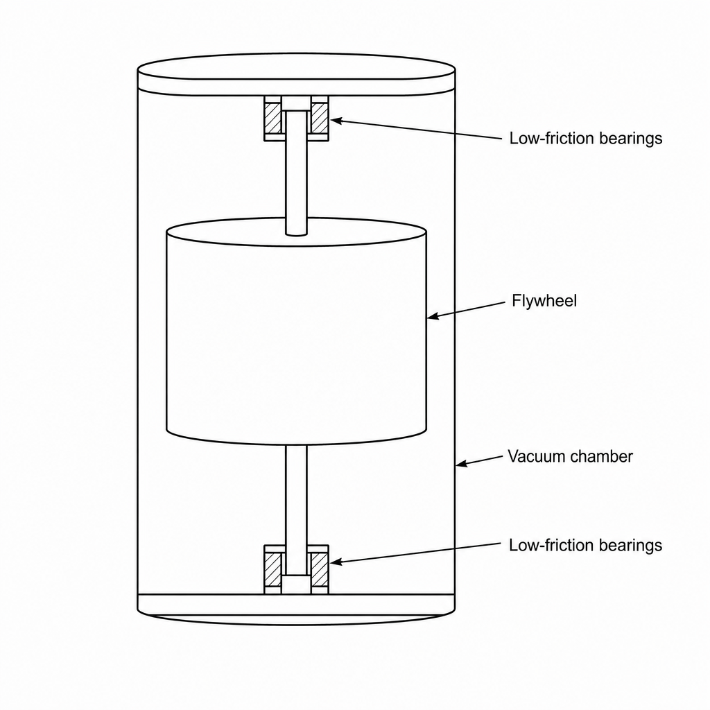 A diagram showing a cylindrical flywheel mounted on a low-friction central spindle inside a protective vacuum chamber.