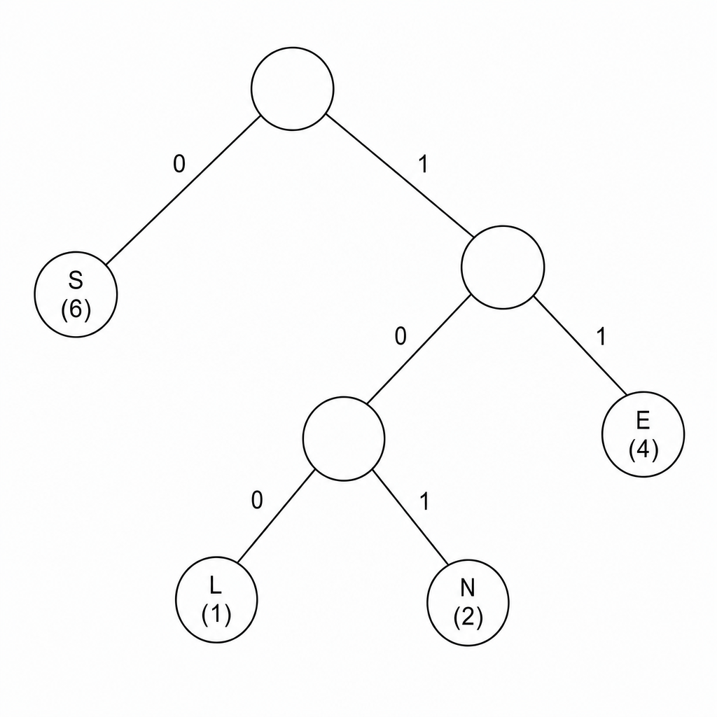 A Huffman tree representing the string SENSELESSNESS.