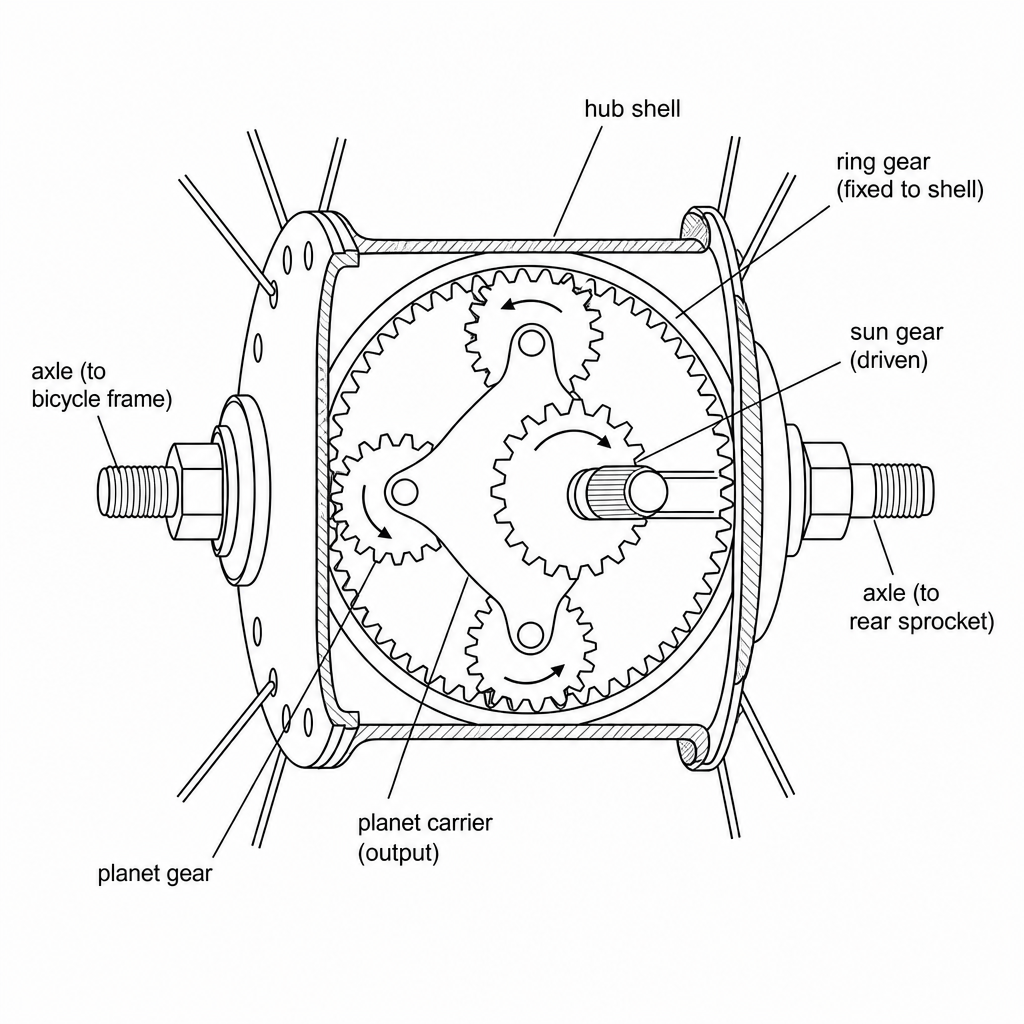 A schematic diagram of a bicycle rear wheel hub gear system showing a cutaway of the internal moving gear cogs in contact with each other, labeled with rotational arrows indicating movement.