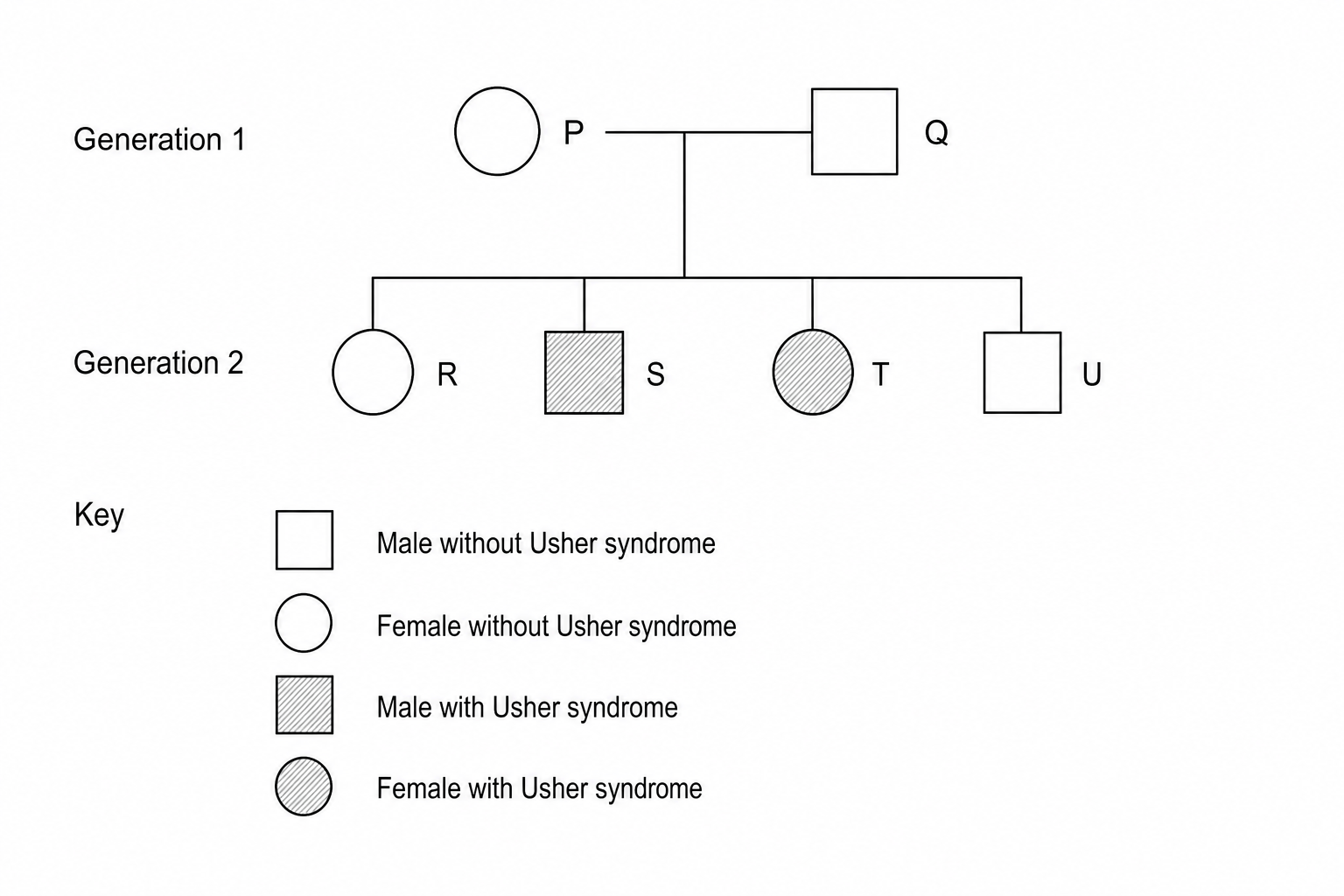 Pedigree chart showing two generations of a family. In the first generation, mother P (represented by a circle) and father Q (represented by a square) are connected by a horizontal line. Neither parent is shaded, indicating they do not have Usher syndrome. They have four offspring in the second generation, connected to them by vertical and horizontal branching lines: female R (unshaded circle), male S (shaded square), female T (shaded circle), and male U (unshaded square). The key shows: unshaded square = Male without Usher syndrome; unshaded circle = Female without Usher syndrome; shaded square = Male with Usher syndrome; shaded circle = Female with Usher syndrome.
