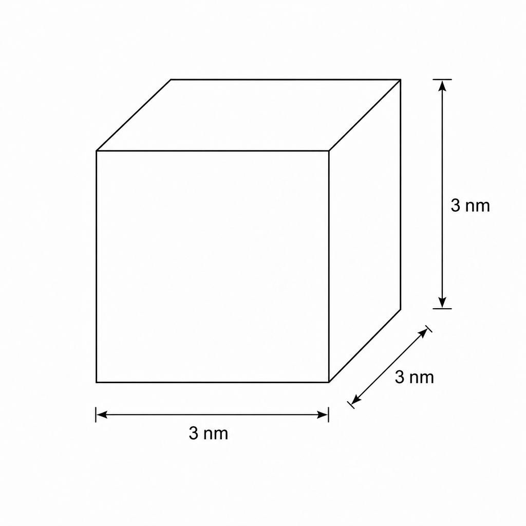 A cubic nanoparticle with all three dimensions—width, height, and depth—equal to 3 nm