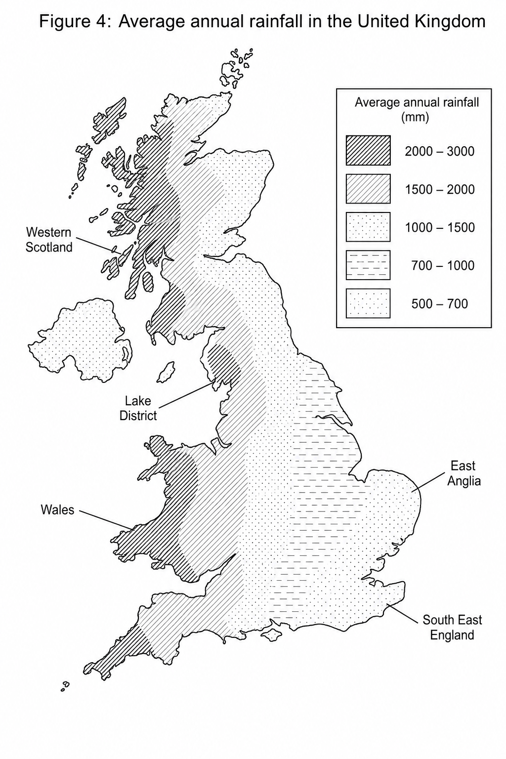 Figure 4: Map of the United Kingdom showing average annual rainfall in millimetres (mm).