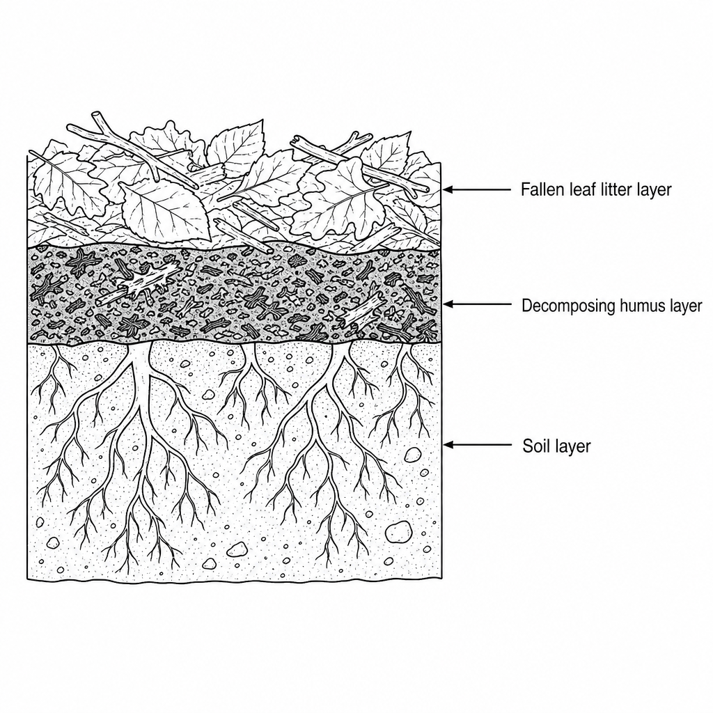 Diagram showing a cross-sectional view of a forest floor with three layers labeled from top to bottom: 'Fallen leaf litter layer', which contains newly dropped leaves and twigs; 'Decomposing humus layer', containing dark, partially broken-down organic material; and 'Soil layer', containing roots from trees and living plants extending through the ground.