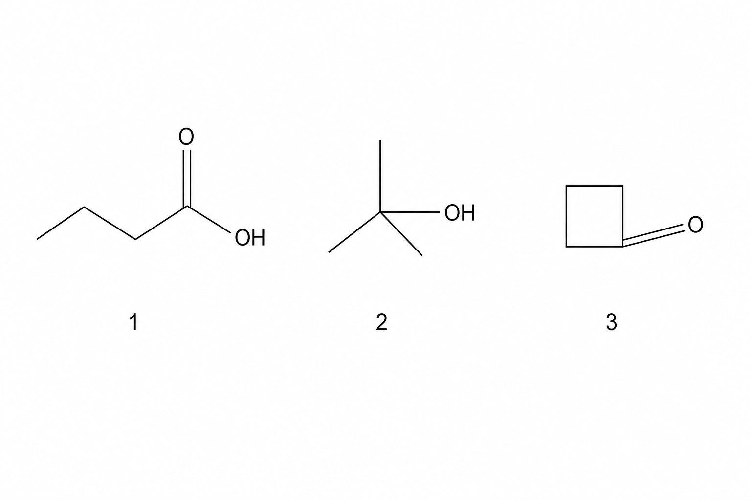 Three organic compounds labeled 1, 2, and 3