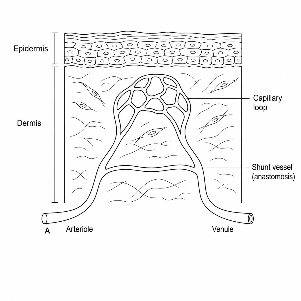 A simplified cross-section of human skin with blood vessels. Arteriole A on the left branches into capillary loops near the skin's surface and a shunt vessel deeper in the dermis, which then connects to a venule.