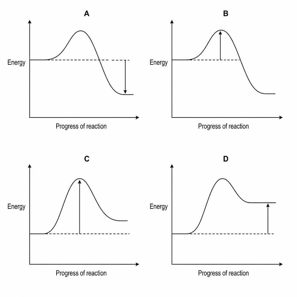 Reaction profiles showing energy levels and transition paths for different reaction types.
