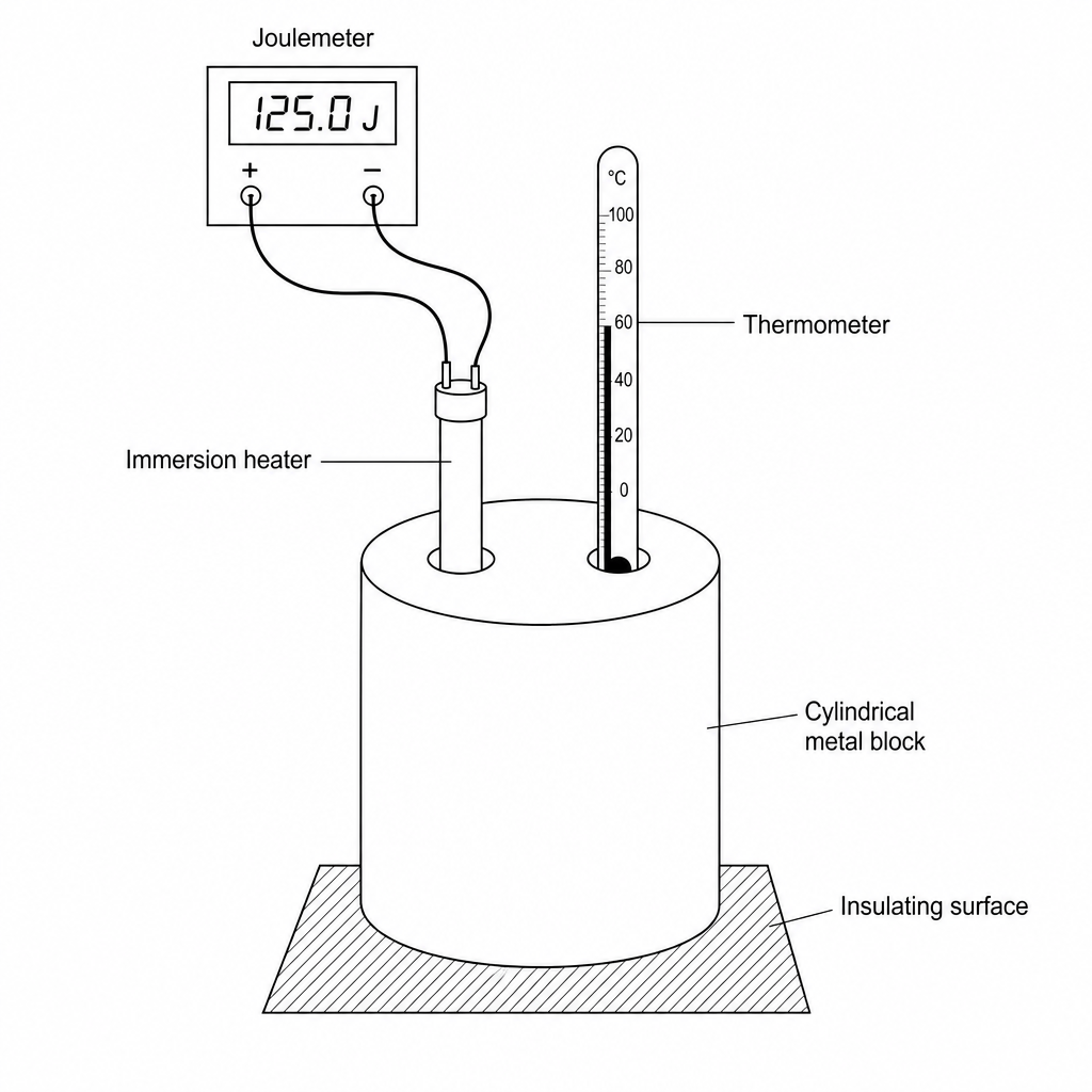 An experimental diagram showing a cylindrical metal block with two vertical holes. One hole contains an electric immersion heater connected by wires to a joulemeter and power supply. The other hole contains a thermometer. The sides and top of the block are completely exposed to the air.