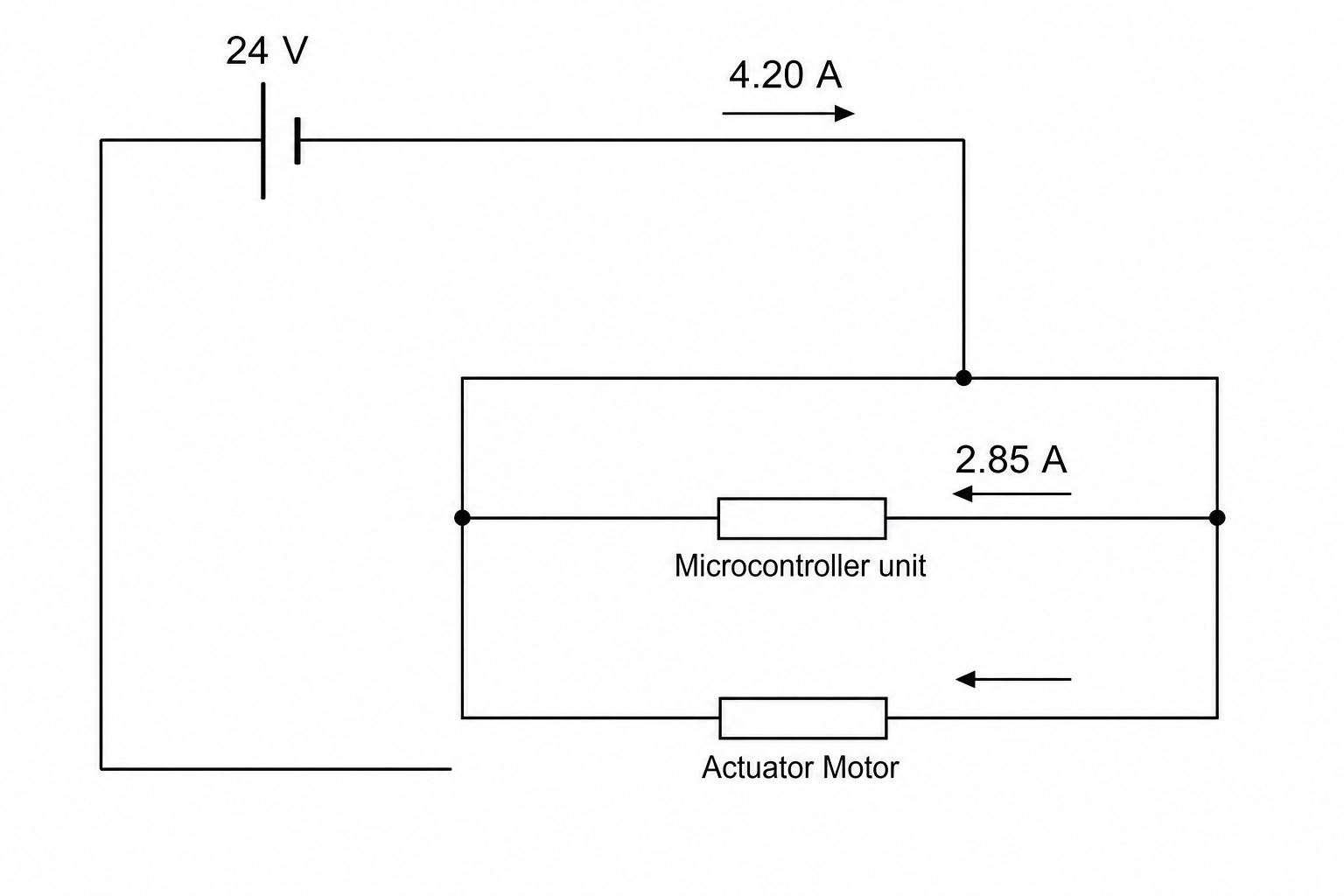 Robotic drone auxiliary power circuit with a 24 V source, splitting into parallel branches for a microcontroller unit and an actuator motor.