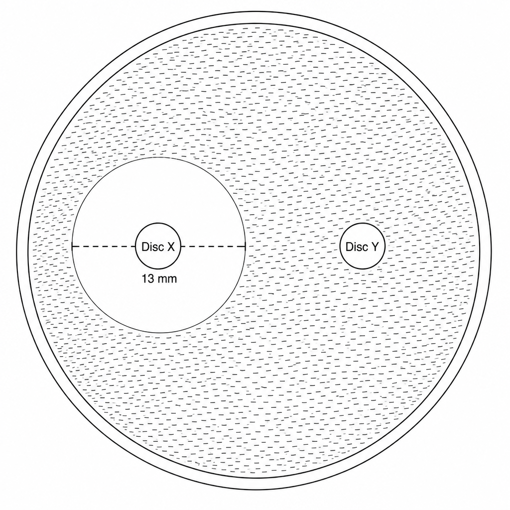 An agar plate showing a lawn of bacterial growth. On the left side, disc X has a distinct, clear circular zone of inhibition around it. On the right side, disc Y has no clear zone around it, with bacterial growth reaching the edge of the disc.
