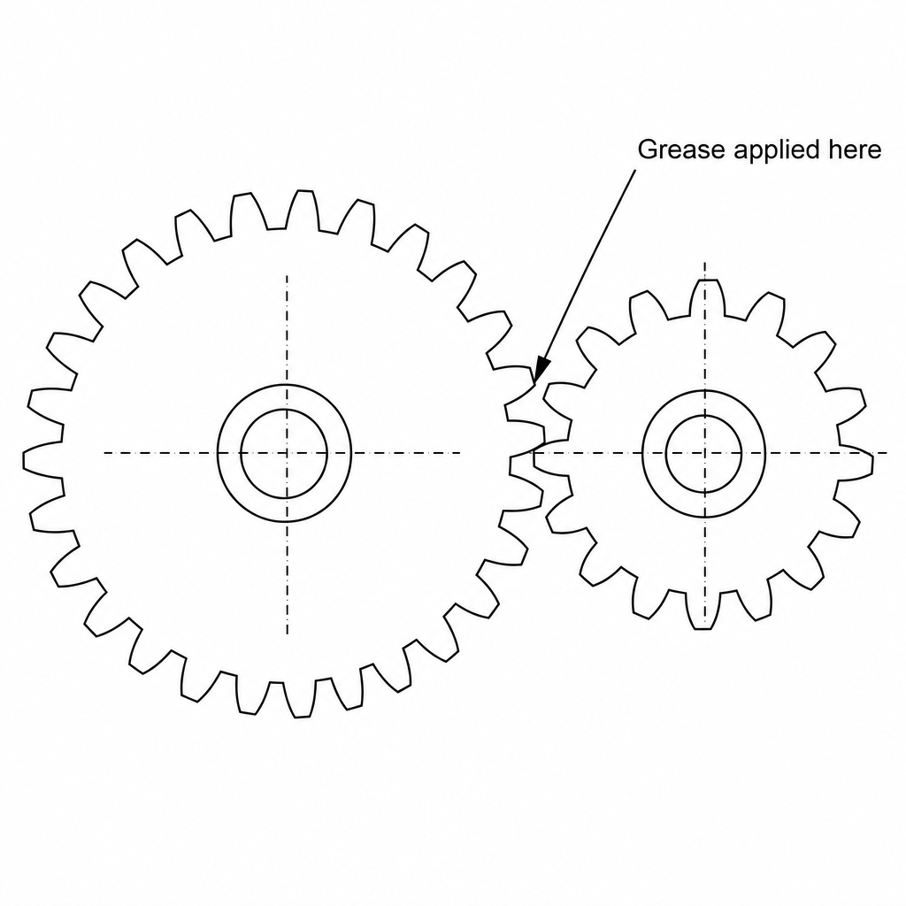 Diagram showing two interlocking metal gears, with an arrow pointing to the contact area between the gear teeth labeled 'Grease applied here'.