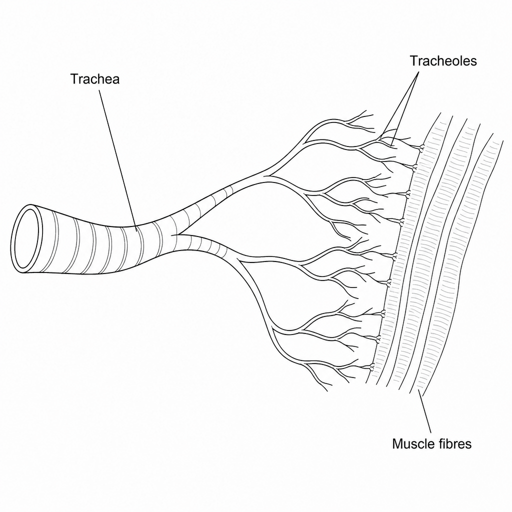 Diagram of the insect tracheal system showing a trachea branching into fine tracheoles that terminate close to muscle fibres.